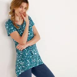 Asymmetrisch T-shirt met korte mouwen - smaragdgroen met bloemenprint