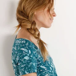 Asymmetrisch T-shirt met korte mouwen - smaragdgroen met bloemenprint