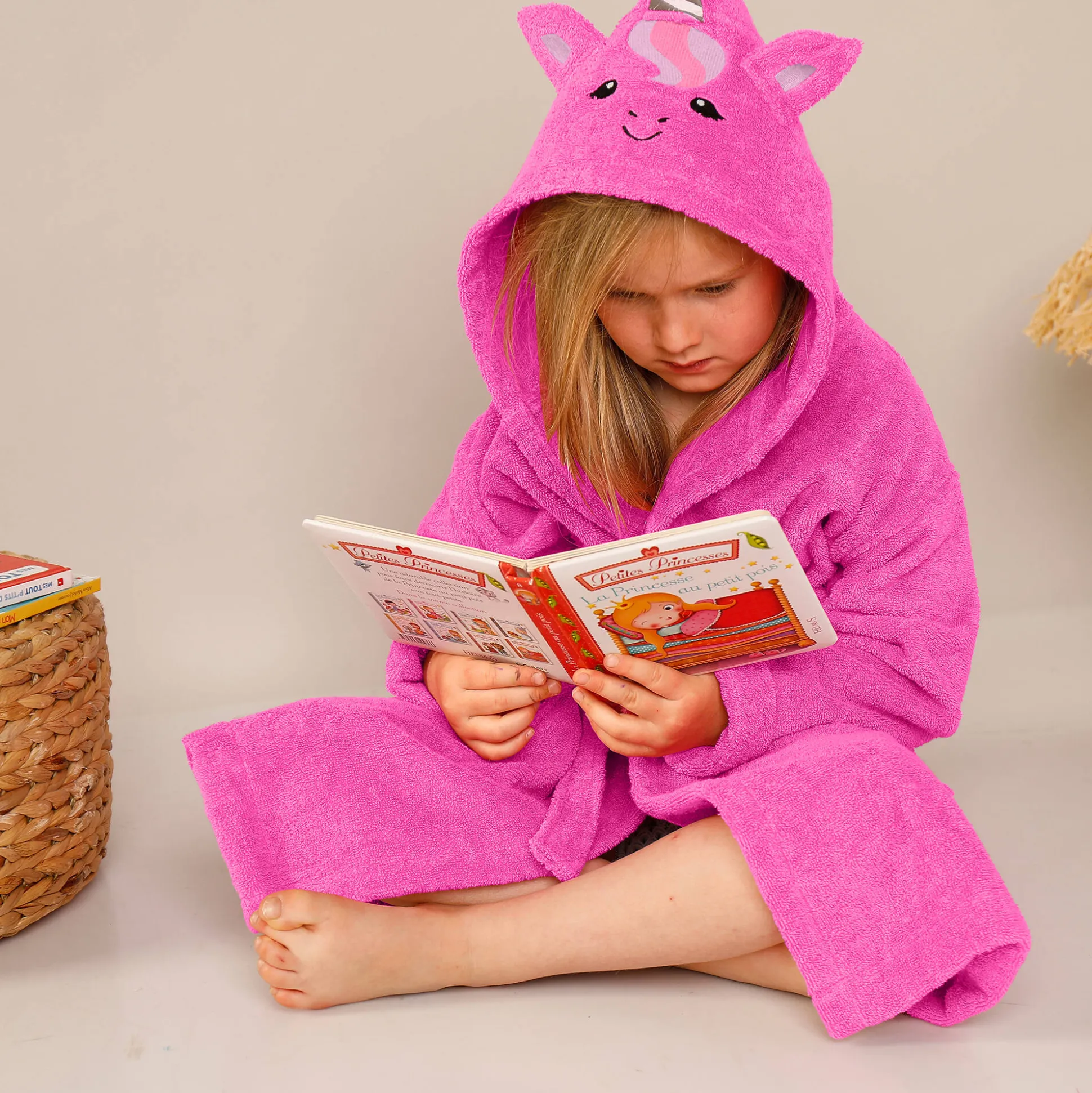 Badjas met kap, voor kinderen, eenhoornmotief, katoenen badstof - 340 g/m2