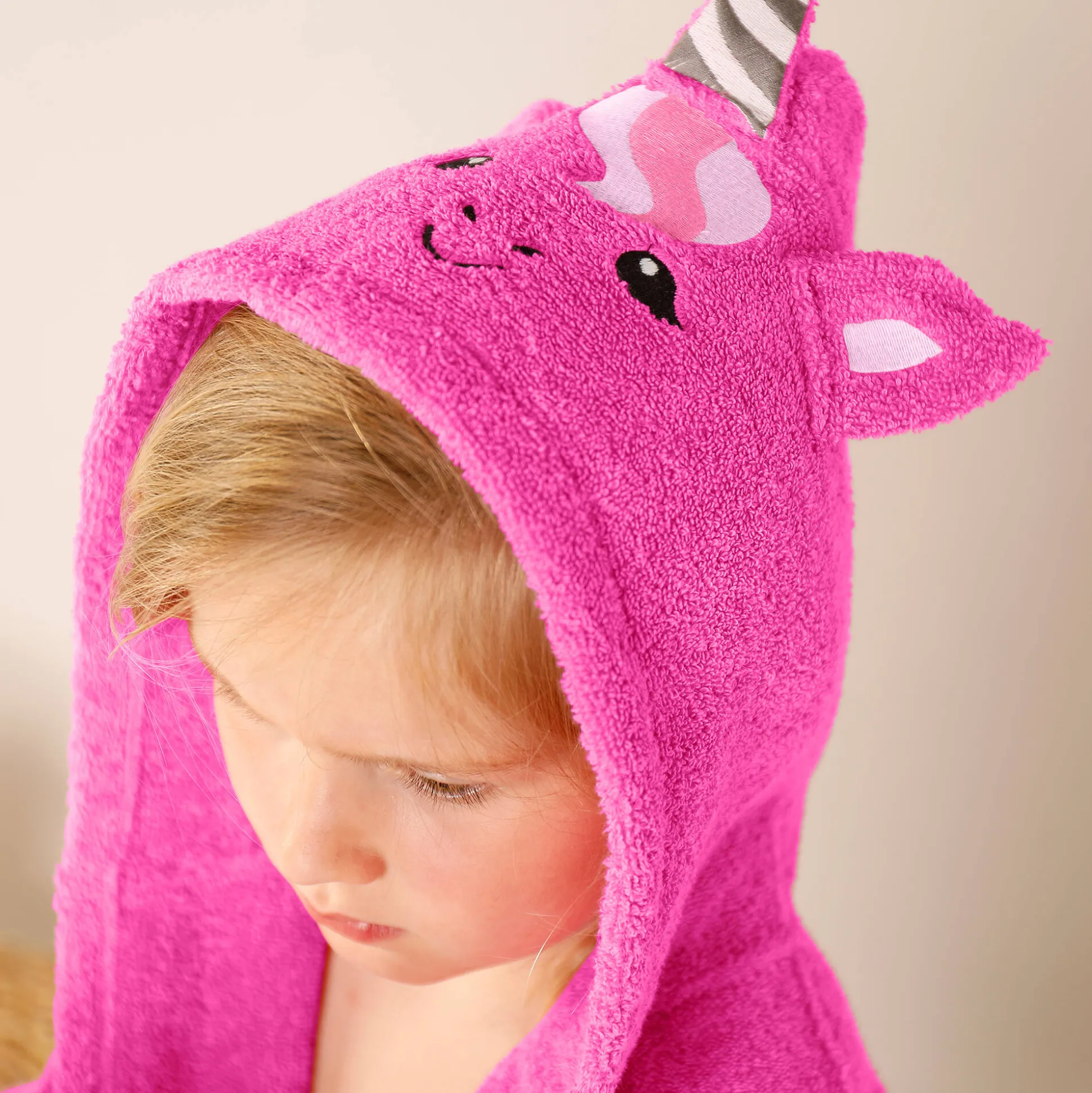 Badjas met kap, voor kinderen, eenhoornmotief, katoenen badstof - 340 g/m2