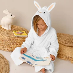 Badjas met kap, voor kinderen, konijnmotief, katoenen badstof - 340 g/m2