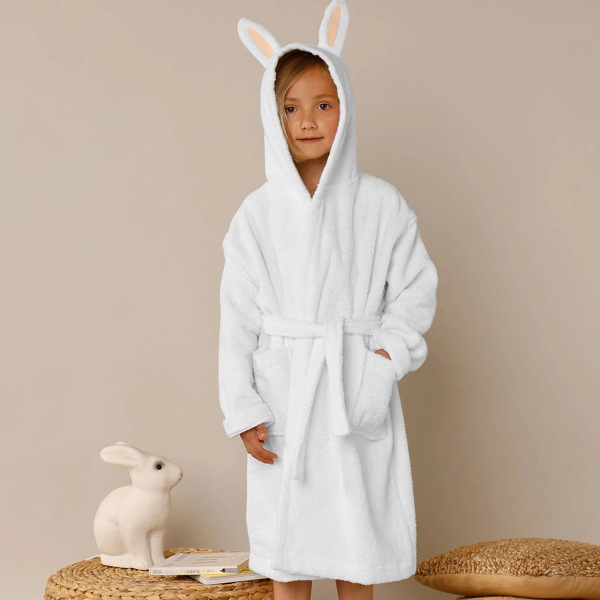 Badjas met kap, voor kinderen, konijnmotief, katoenen badstof - 340 g/m2