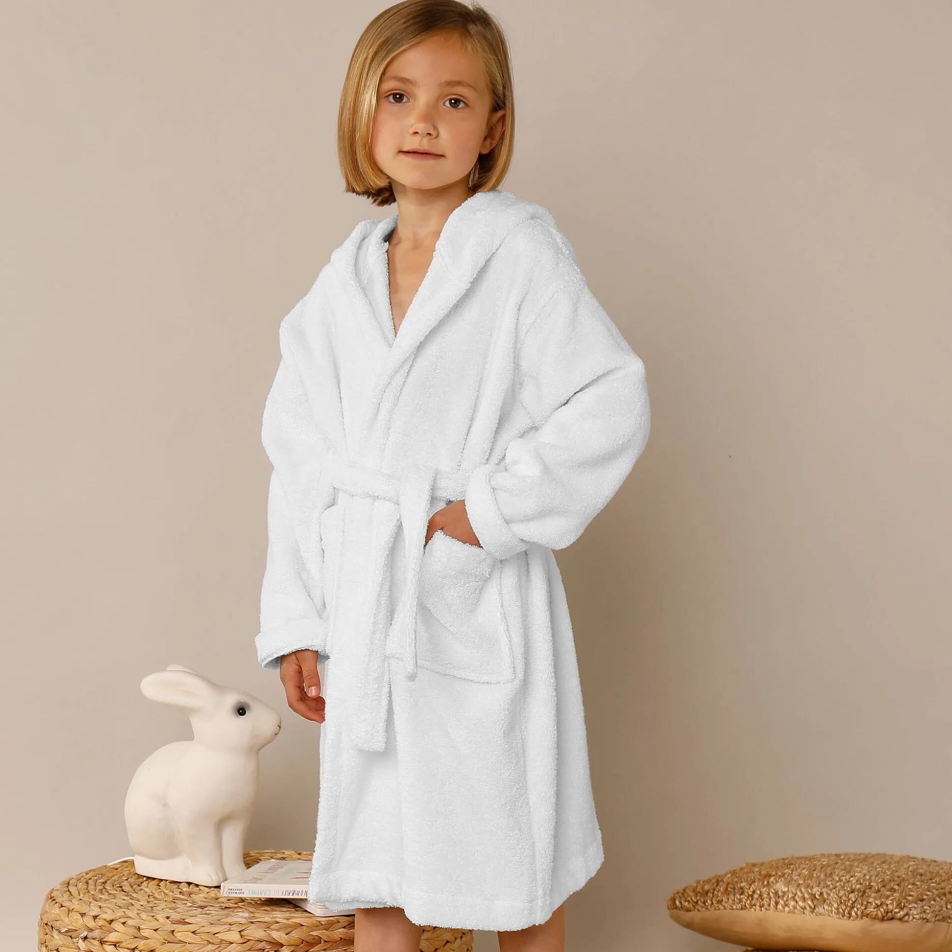 Badjas met kap, voor kinderen, konijnmotief, katoenen badstof - 340 g/m2