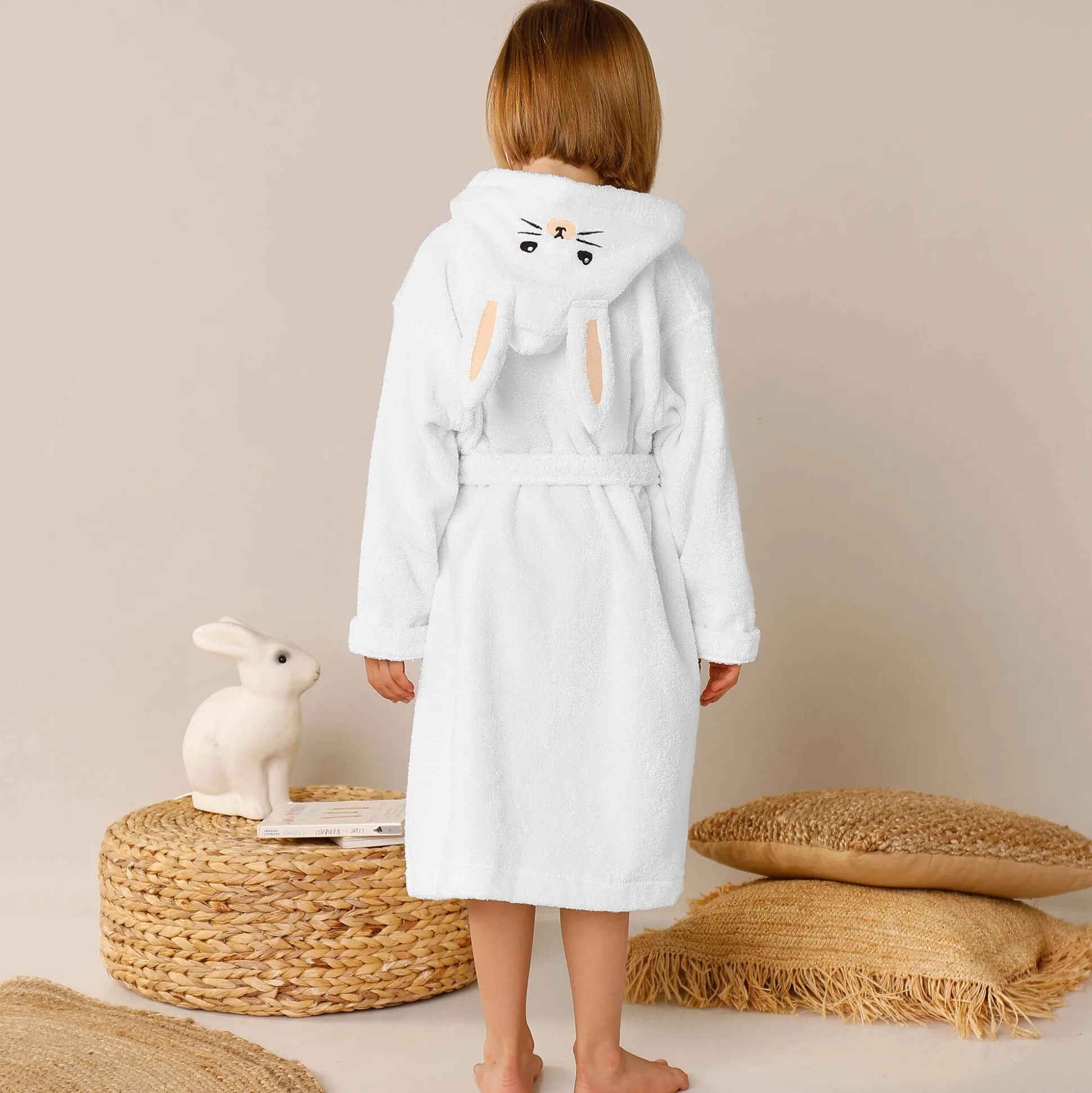 Badjas met kap, voor kinderen, konijnmotief, katoenen badstof - 340 g/m2