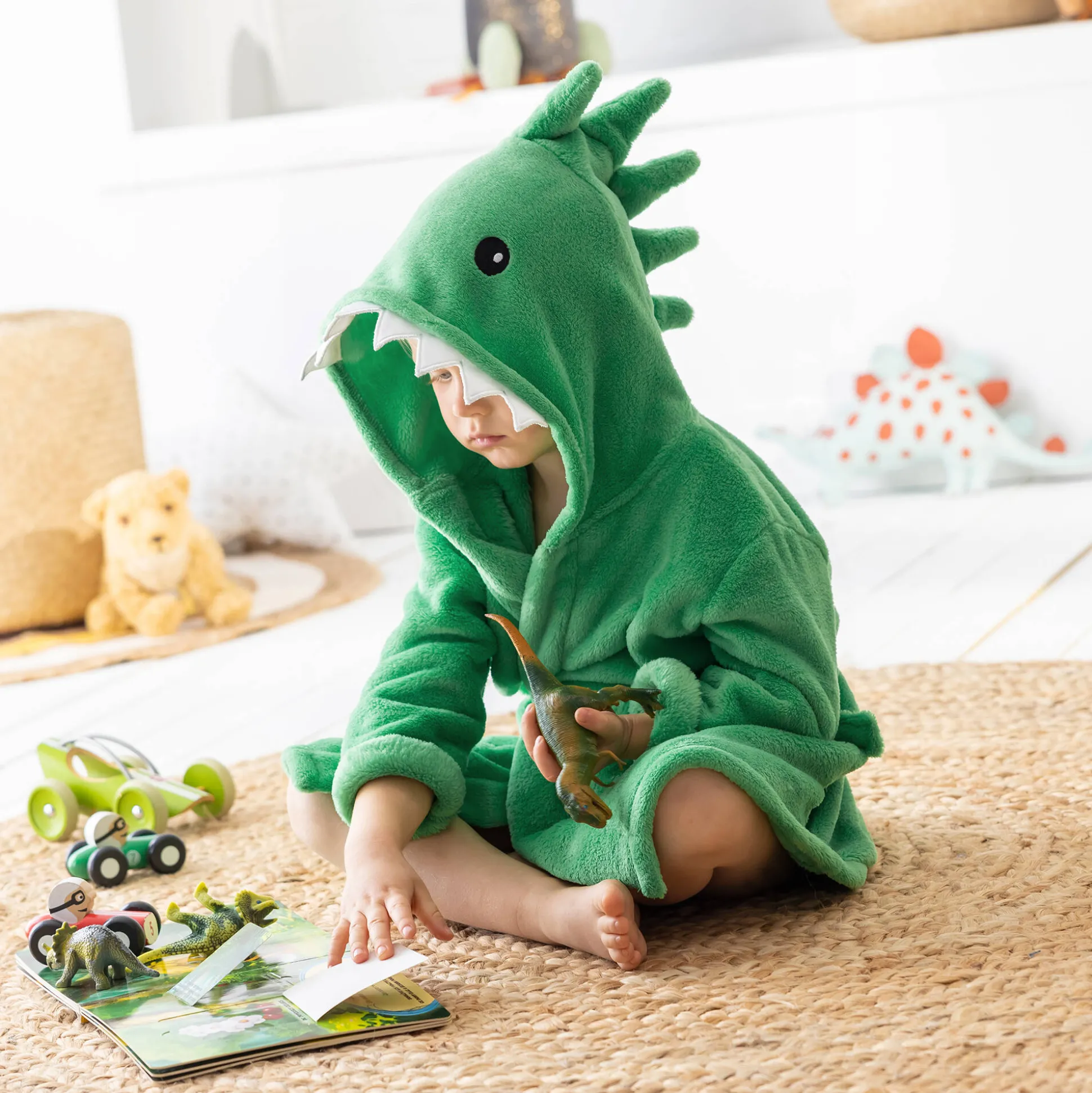 Badjas voor kinderen, dinosaurus, met kap, streelzachte microvezel