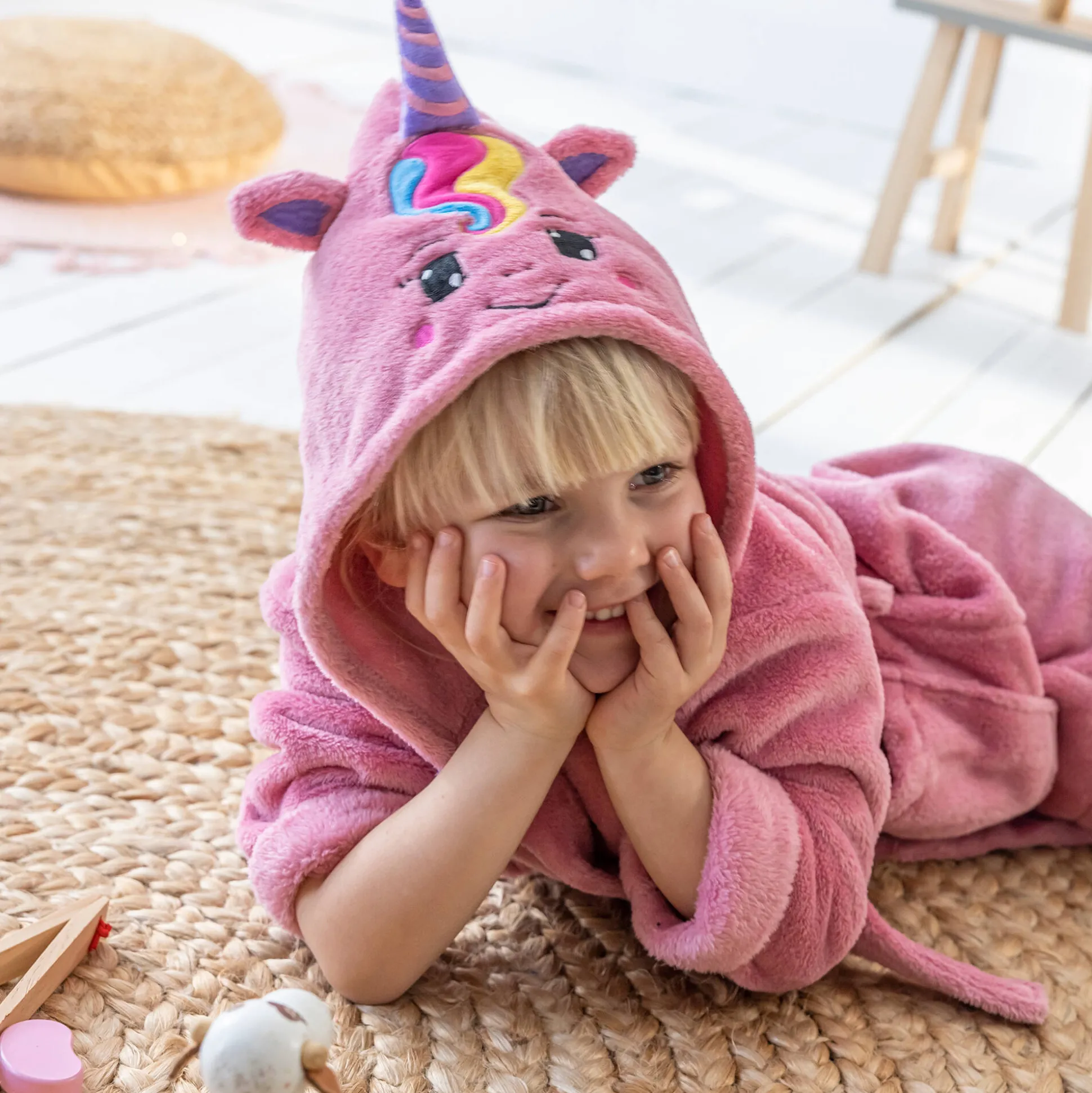 Badjas voor kinderen, eenhoorn, met kap, streelzachte microvezel