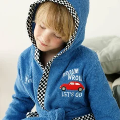 Badjas voor kinderen met kap en automotief, personaliseerbaar, katoenen badstof - 340 g/m2