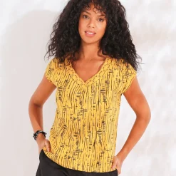 Bedrukt T-shirt, V-hals in macramé en etnisch motief