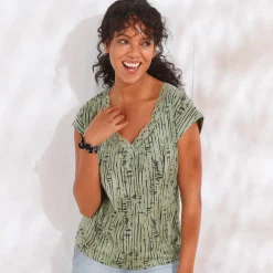 Bedrukt T-shirt, V-hals in macramé en etnisch motief