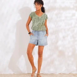 Bedrukt T-shirt, V-hals in macramé en etnisch motief