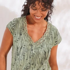 Bedrukt T-shirt, V-hals in macramé en etnisch motief