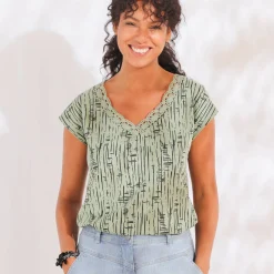 Bedrukt T-shirt, V-hals in macramé en etnisch motief
