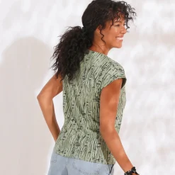Bedrukt T-shirt, V-hals in macramé en etnisch motief