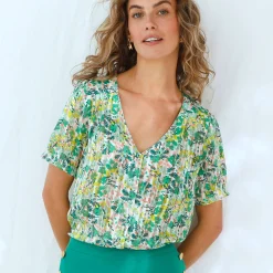 Bedrukte bloes met knoopsluiting en bloezende mouwen, jacquardvoile
