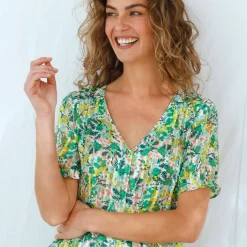 Bedrukte bloes met knoopsluiting en bloezende mouwen, jacquardvoile