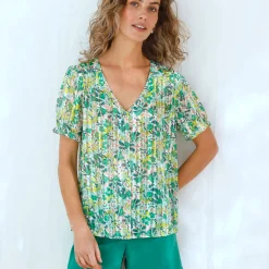 Bedrukte bloes met knoopsluiting en bloezende mouwen, jacquardvoile