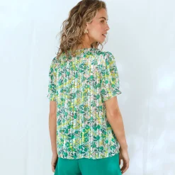 Bedrukte bloes met knoopsluiting en bloezende mouwen, jacquardvoile