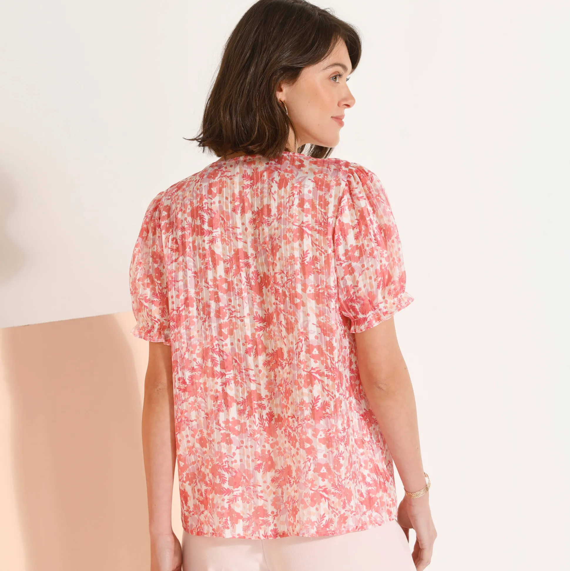 Bedrukte bloes met knoopsluiting en bloezende mouwen, jacquardvoile