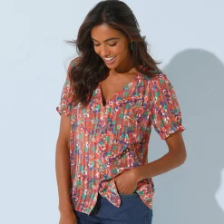 Bedrukte bloes met knoopsluiting en bloezende mouwen, jacquardvoile