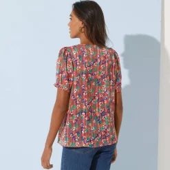 Bedrukte bloes met knoopsluiting en bloezende mouwen, jacquardvoile