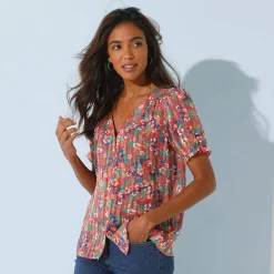 Bedrukte bloes met knoopsluiting en bloezende mouwen, jacquardvoile