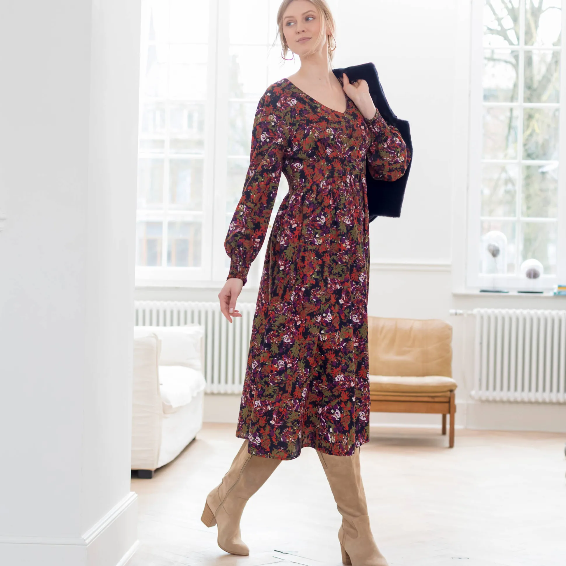 Bedrukte midi-jurk, soepele viscose