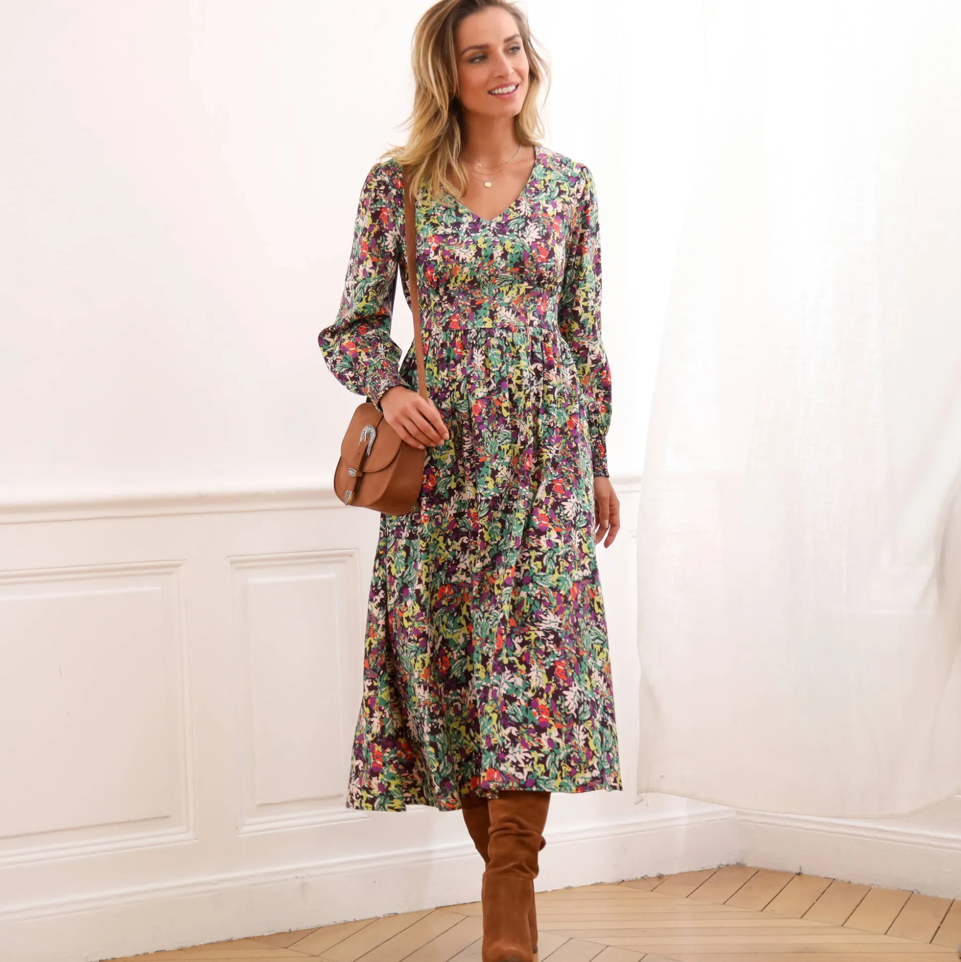 Bedrukte midi-jurk, soepele viscose