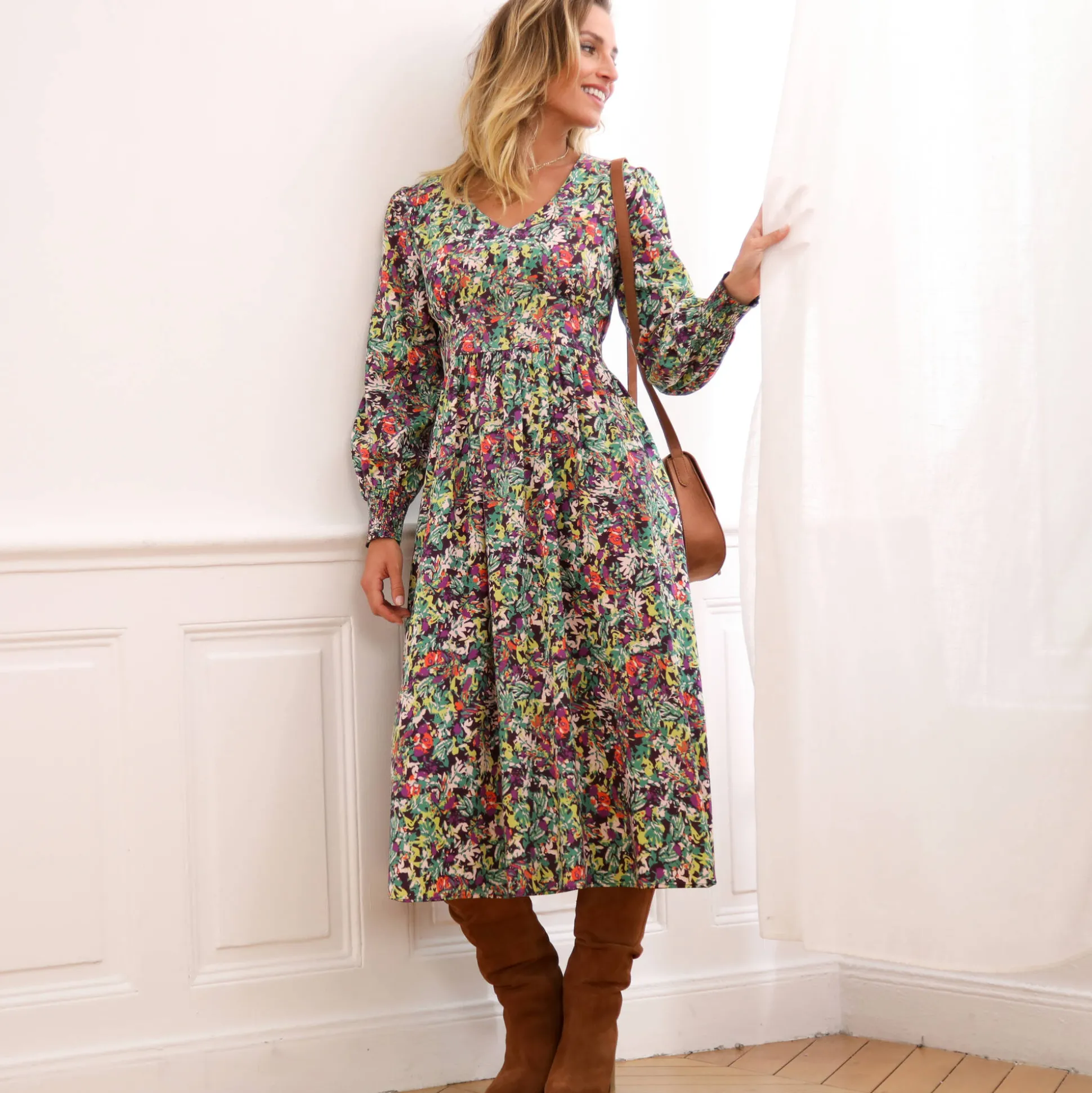 Bedrukte midi-jurk, soepele viscose