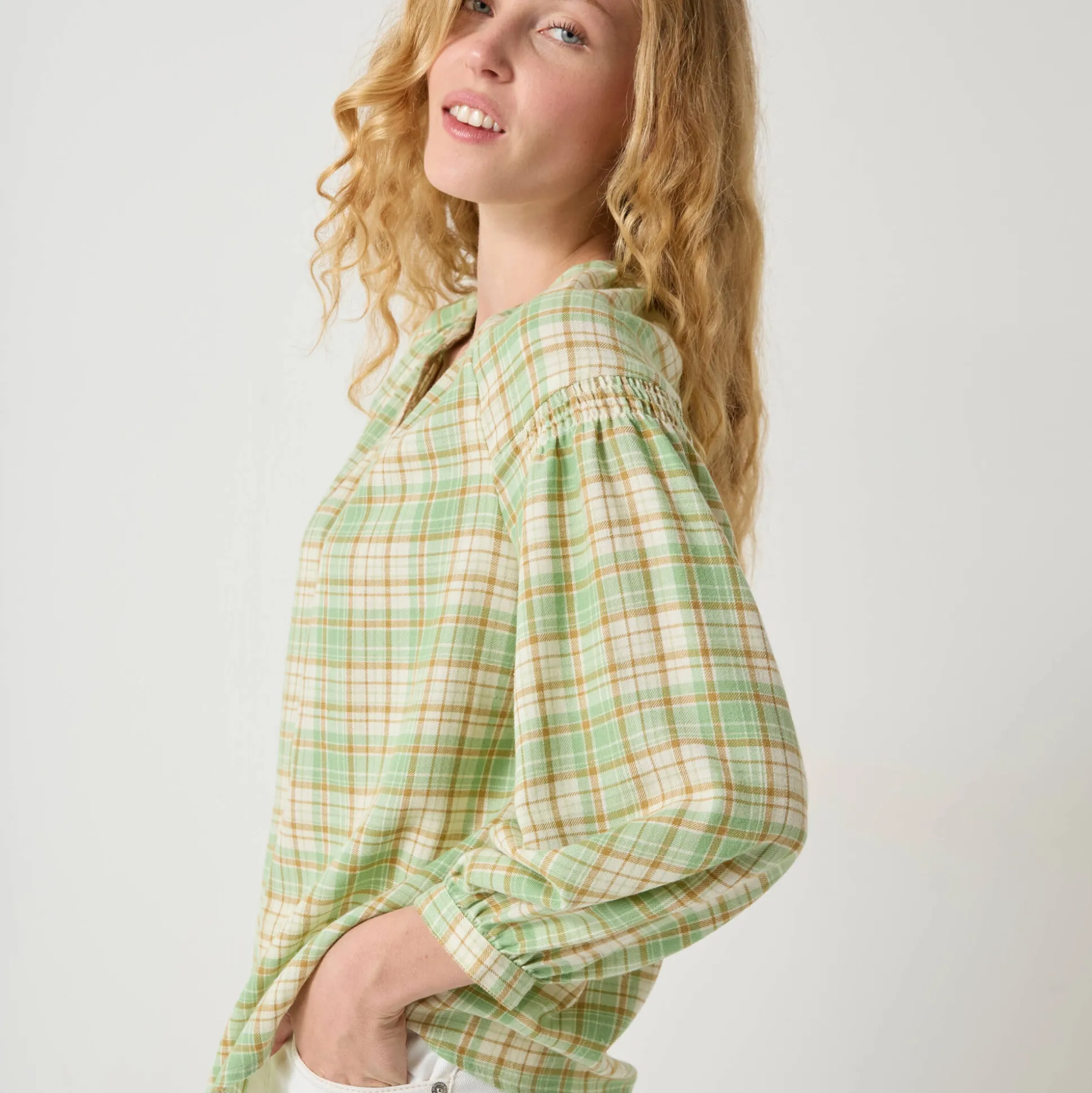 Bloes in flanel met ruitenprint, 7/8-mouwen