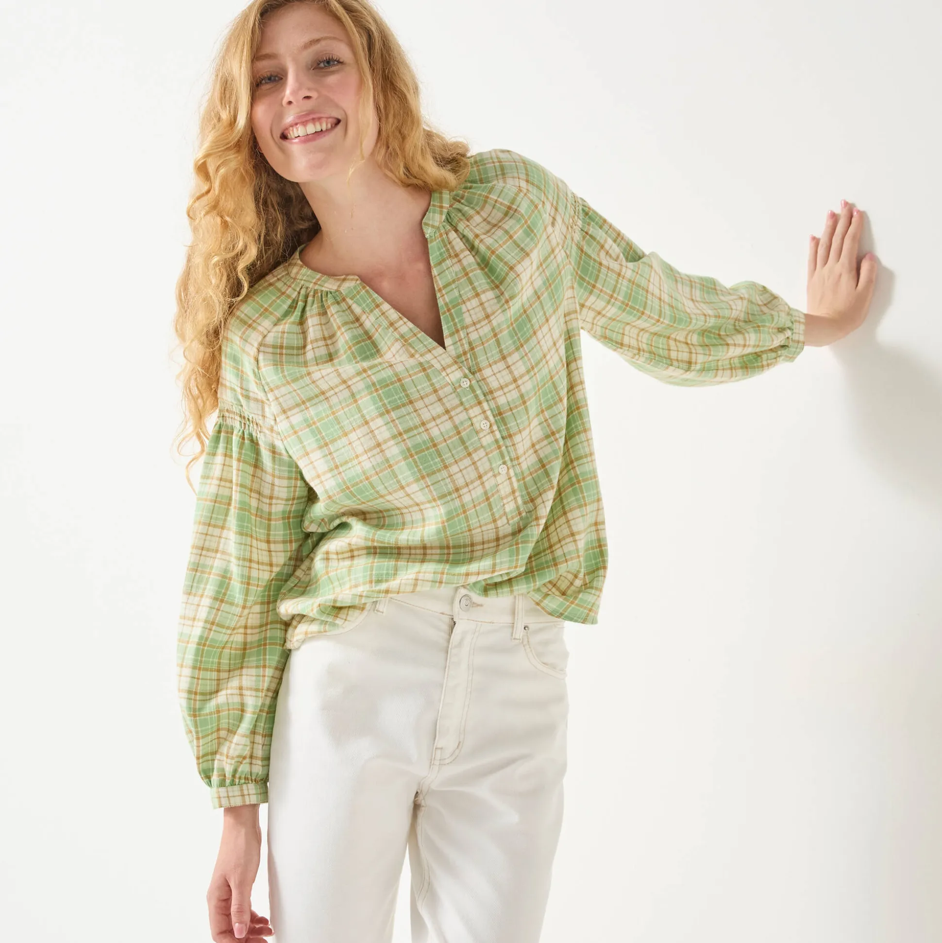 Bloes in flanel met ruitenprint, 7/8-mouwen