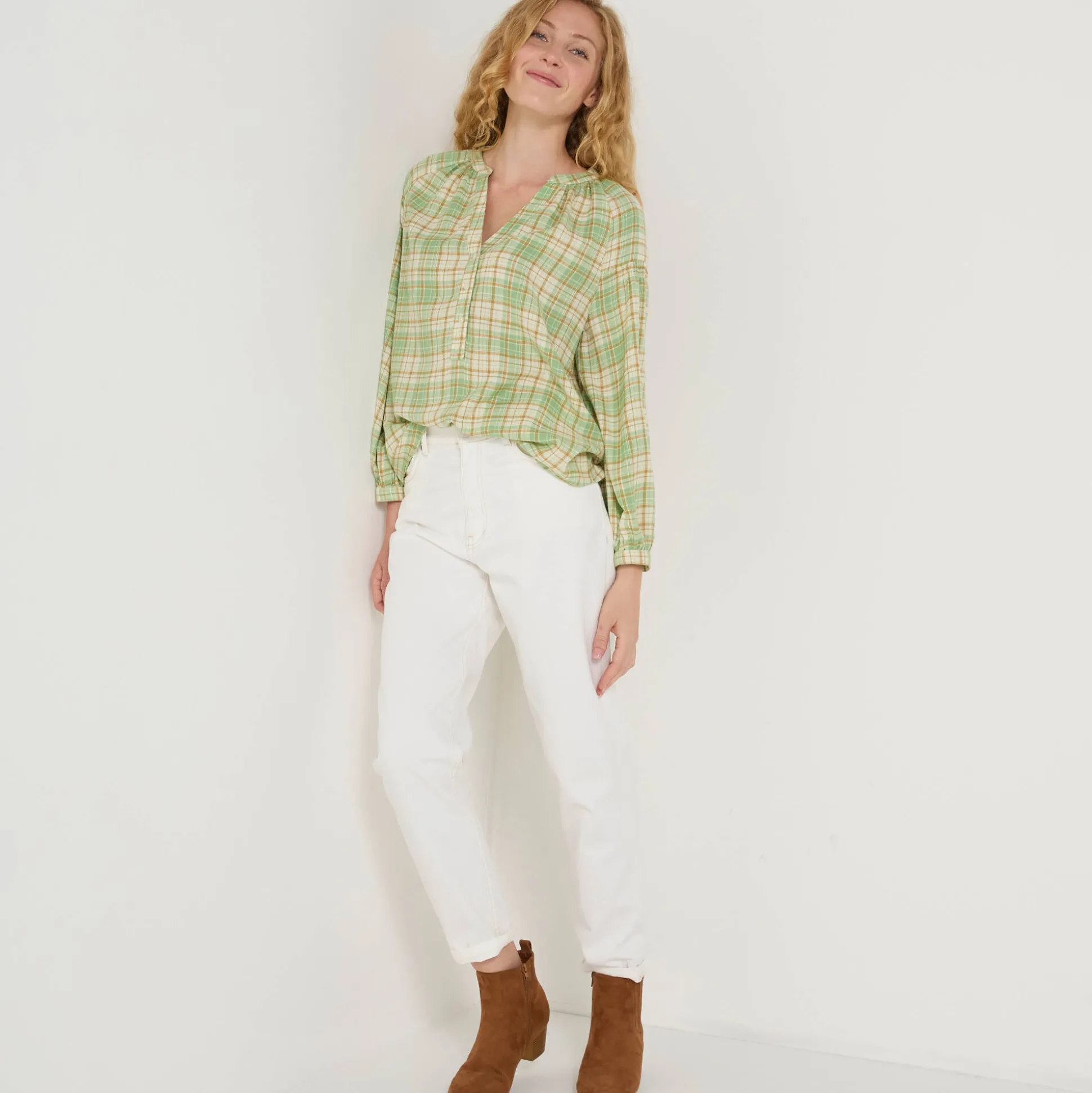 Bloes in flanel met ruitenprint, 7/8-mouwen