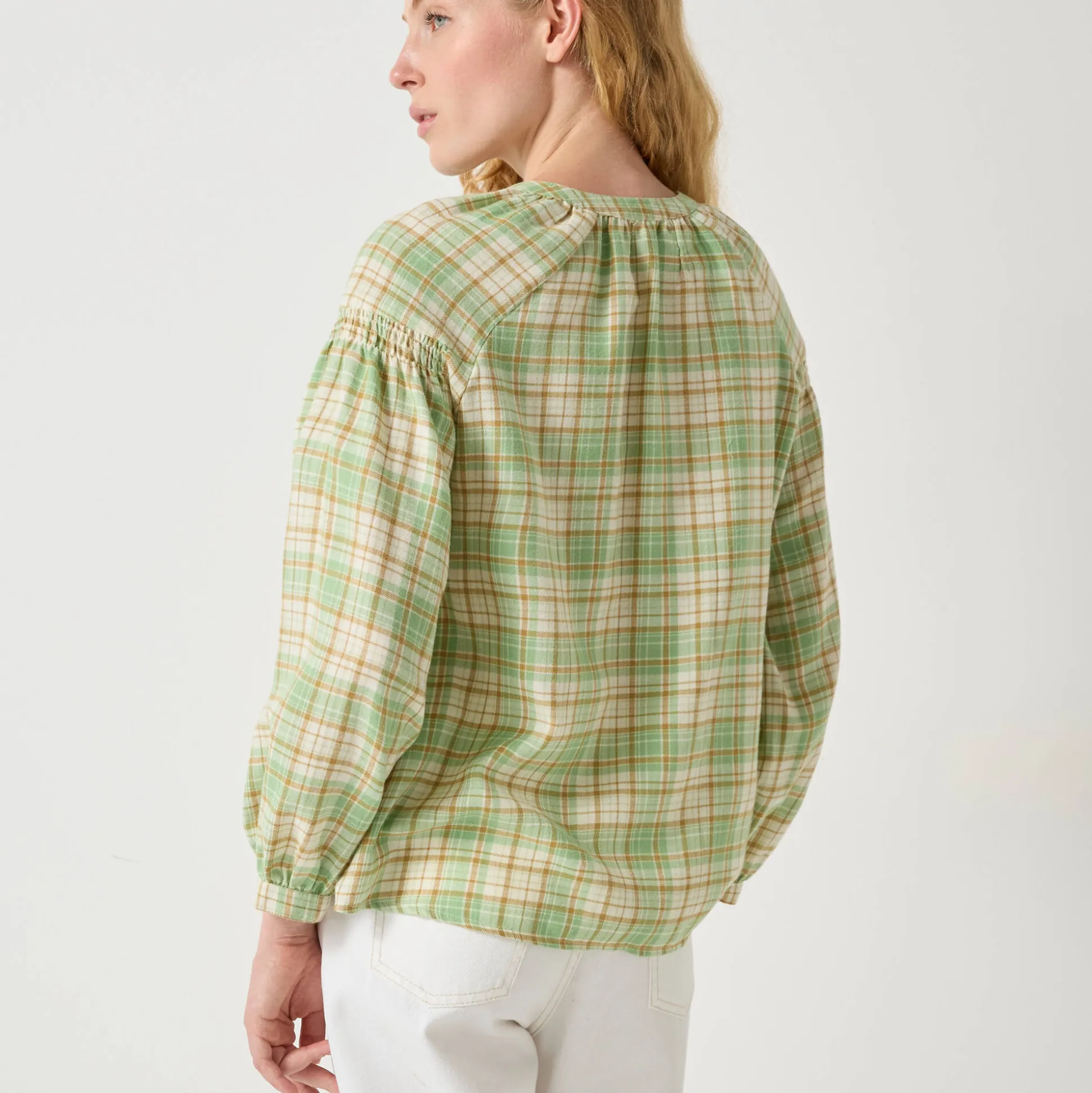 Bloes in flanel met ruitenprint, 7/8-mouwen