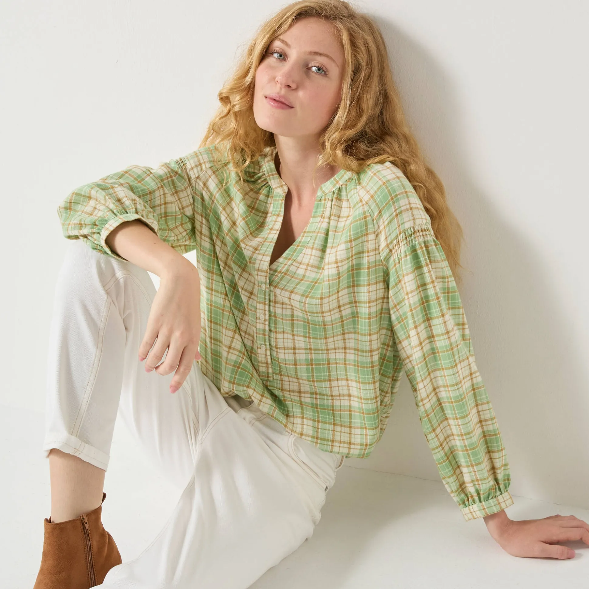 Bloes in flanel met ruitenprint, 7/8-mouwen