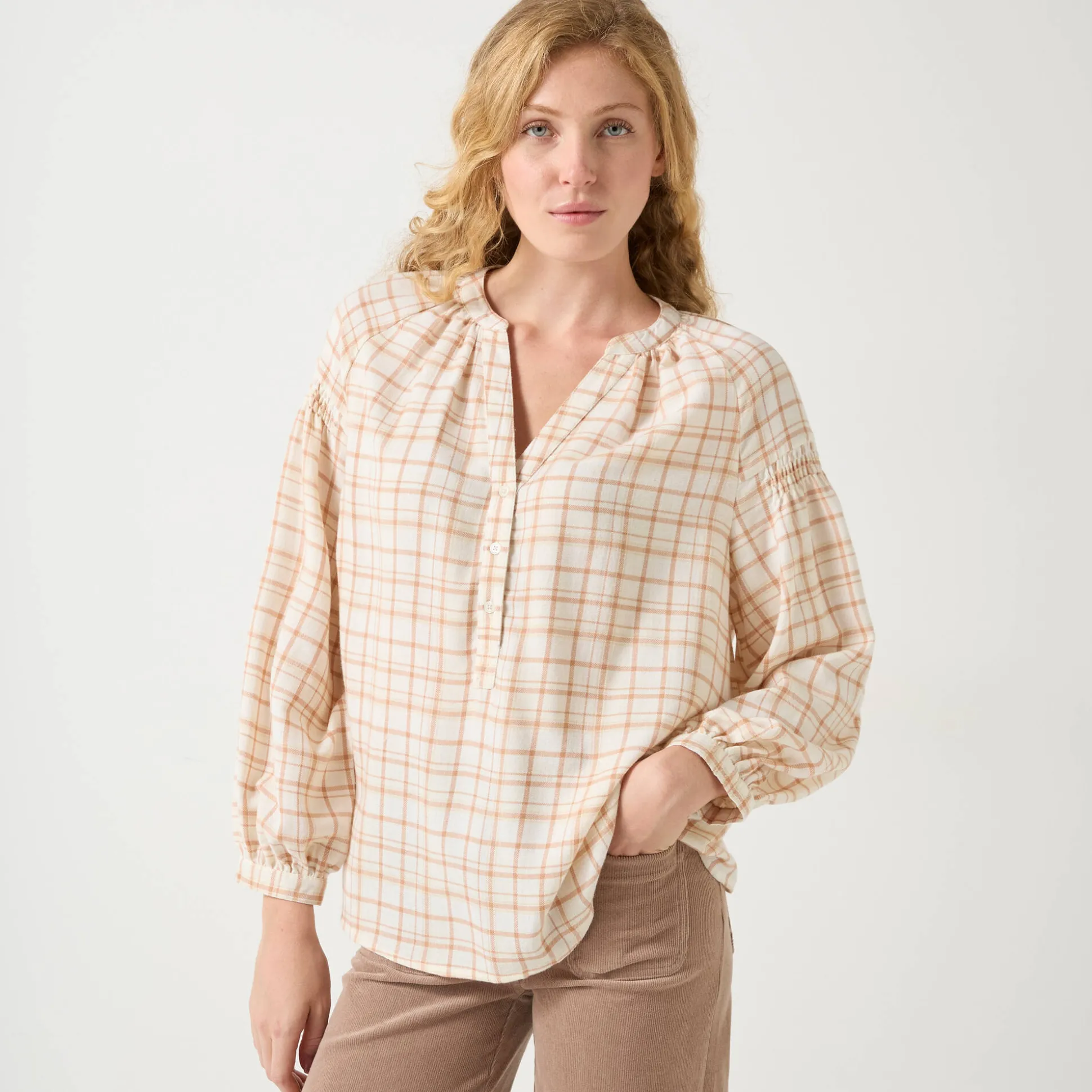 Bloes in flanel met ruitenprint, 7/8-mouwen