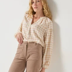 Bloes in flanel met ruitenprint, 7/8-mouwen