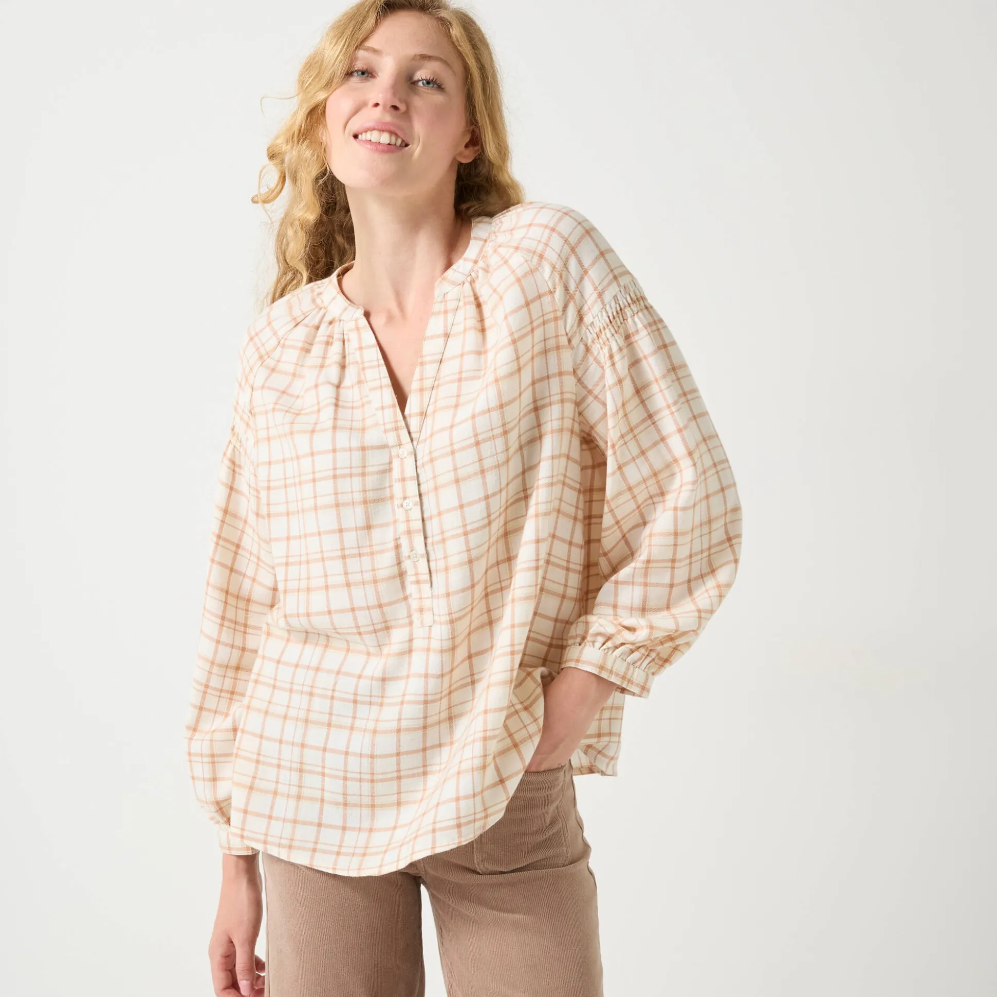 Bloes in flanel met ruitenprint, 7/8-mouwen