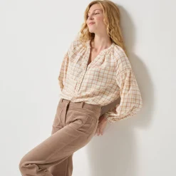 Bloes in flanel met ruitenprint, 7/8-mouwen