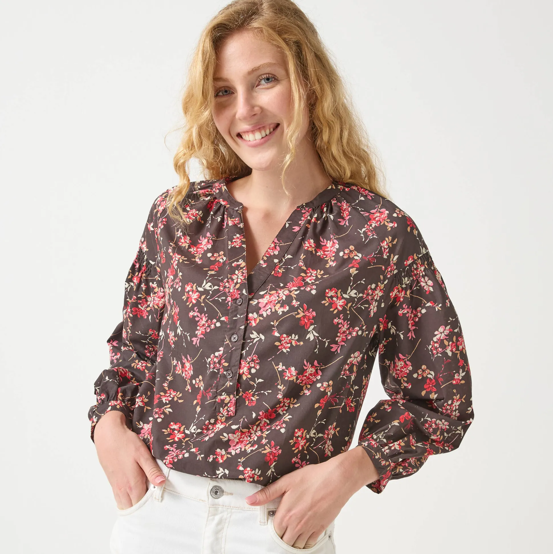 Bloes in katoen met bloemenprint, 7/8-mouwen