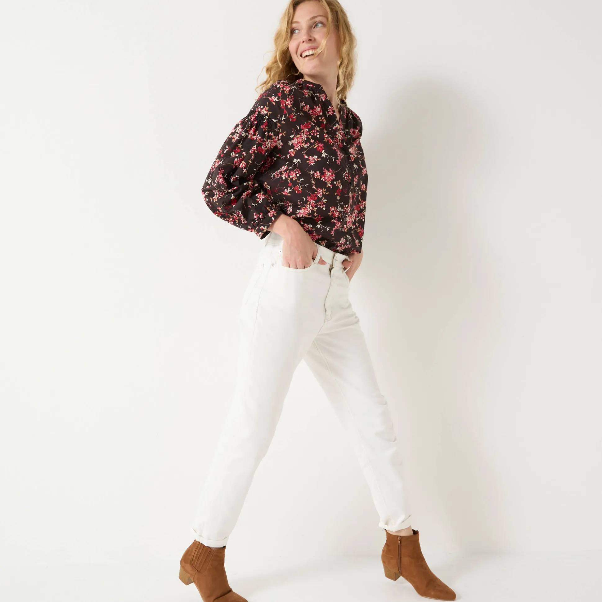 Bloes in katoen met bloemenprint, 7/8-mouwen