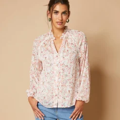 Bloes in voile met bloemenprint, goudkleurige print