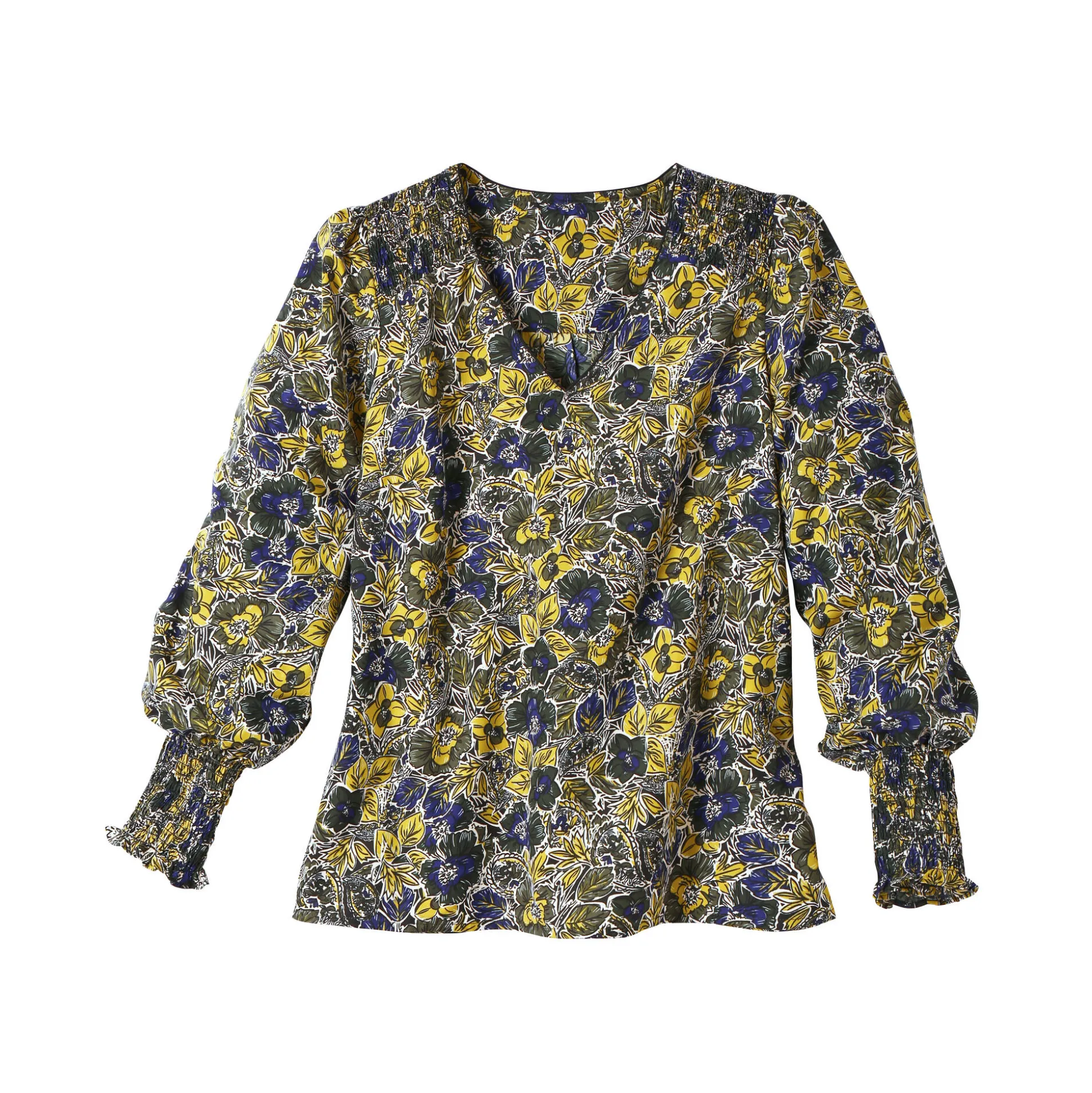 Bloes met bloemenprint en smokwerk aan de schouders