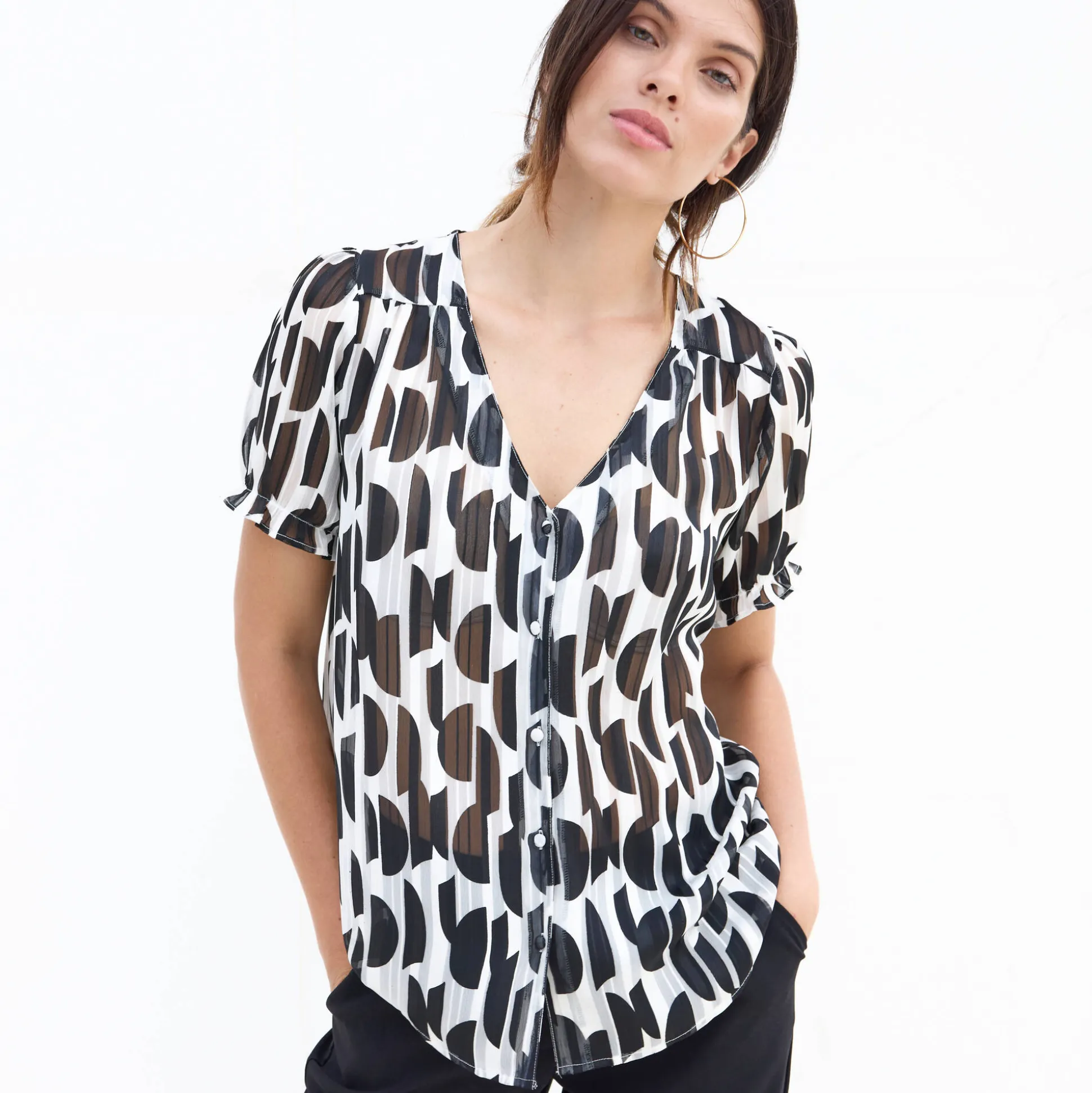 Bloes met bloezende mouwen en tweekleurige print, jacquardvoile