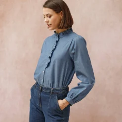 Bloes met fronskraag, chambray