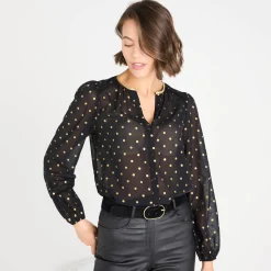 Bloes met goudkleurige stippenprint, in voile
