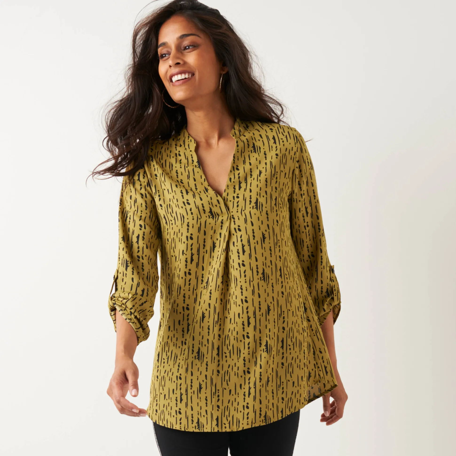 Bloes met grafische print en Tunesische hals, crêpe