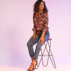 Bloes met knoopsluiting met bloemenprint, gerecycleerd polyester(**)