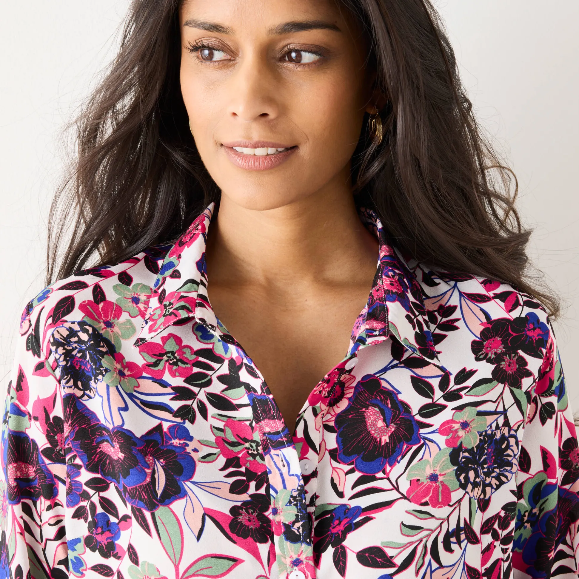 Bloes met knoopsluiting met bloemenprint, gerecycleerd polyester(**)