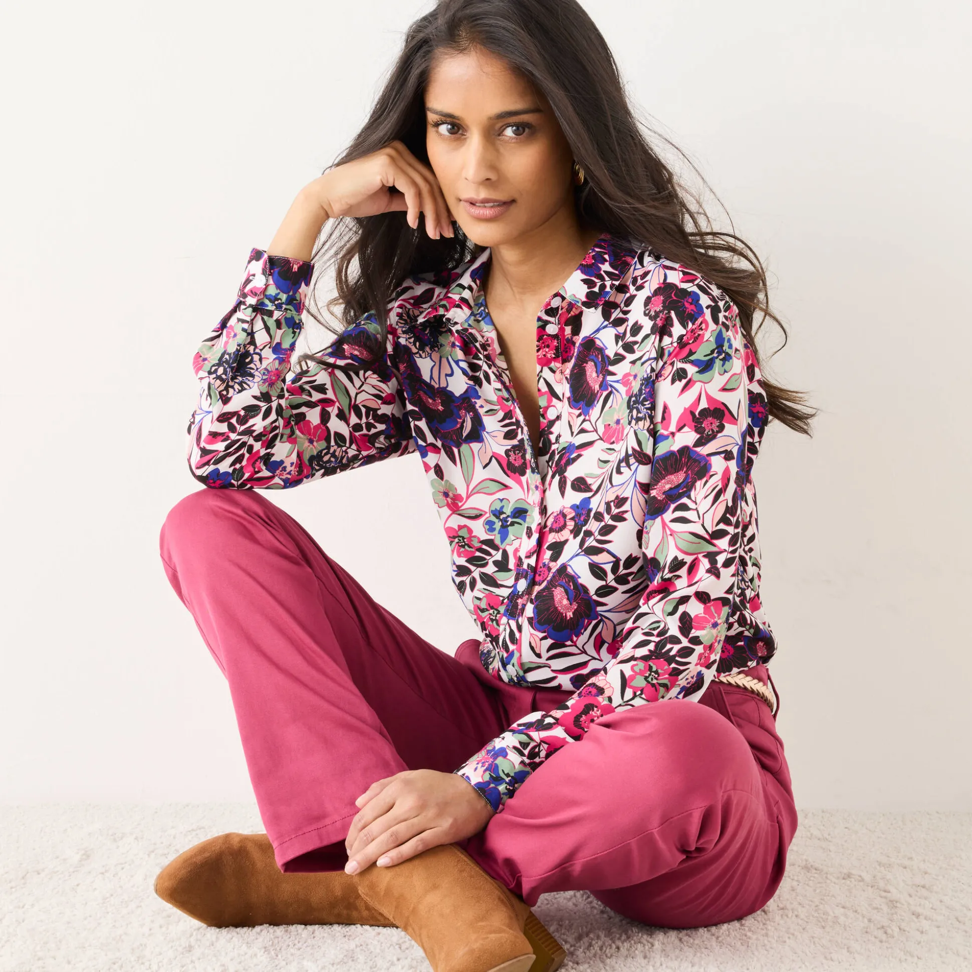 Bloes met knoopsluiting met bloemenprint, gerecycleerd polyester(**)