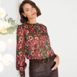 Bloes met lange mouwen, bloemen- en goudkleurige print