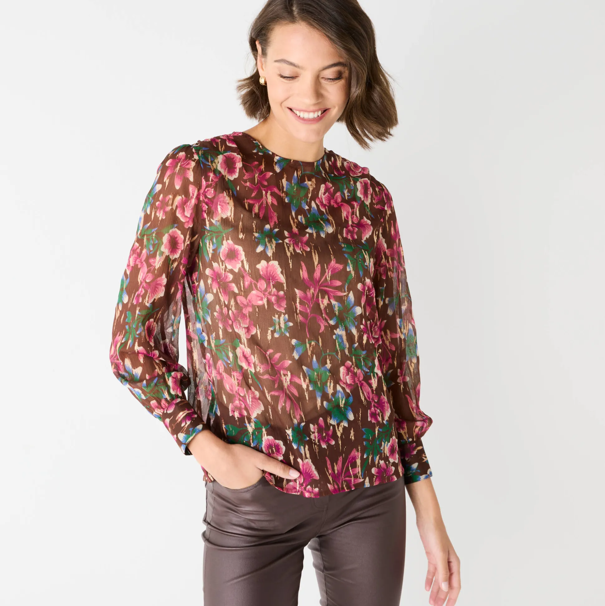 Bloes met lange mouwen, bloemen- en goudkleurige print
